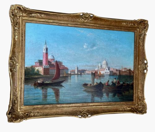 fig 2. An antique oil painting depicting sailing vessels on the Grand Canal in Venice within an ornate gilded frame.