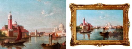 fig 4. An antique oil painting depicting sailing vessels on the Grand Canal in Venice within an ornate gilded frame.