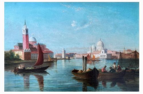 fig 5. An antique oil painting depicting sailing vessels on the Grand Canal in Venice within an ornate gilded frame.