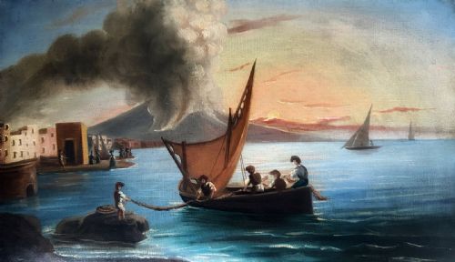 fig 1. A 19th-century oil painting depicting fishermen in a sailboat on the Bay of Naples with Mount Vesuvius smoking in the background, set in an ornate carved gilt frame.