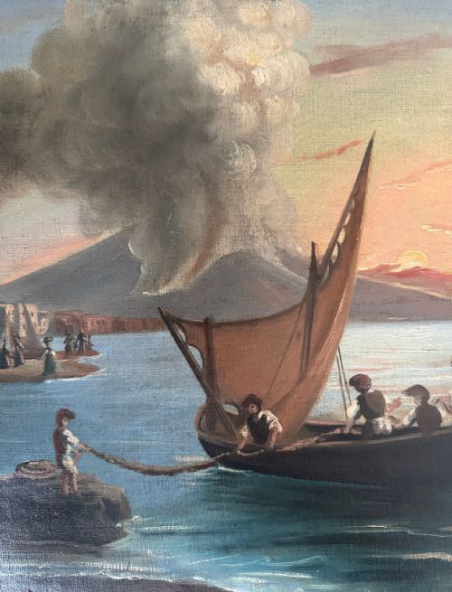 fig 2. A 19th-century oil painting depicting fishermen in a sailboat on the Bay of Naples with Mount Vesuvius smoking in the background, set in an ornate carved gilt frame.