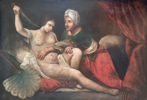 fig 1. An antique Italian Baroque oil painting depicting a dramatic narrative scene with two figures, framed in an ornate carved metallic frame.