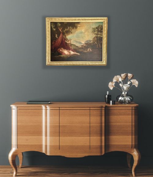 fig 5. An Italian Baroque style framed oil painting depicting a sleeping Venus alongside satyrs and cupids set within an idyllic classical landscape.