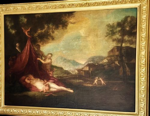 fig 6. An Italian Baroque style framed oil painting depicting a sleeping Venus alongside satyrs and cupids set within an idyllic classical landscape.