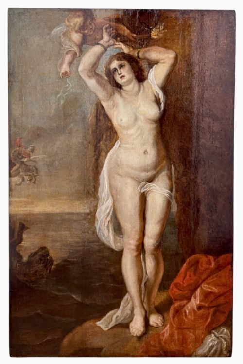 fig 1. A framed Baroque-style oil painting depicting Andromeda bound to a rock face with a winged figure above and Perseus on horseback in the background.
