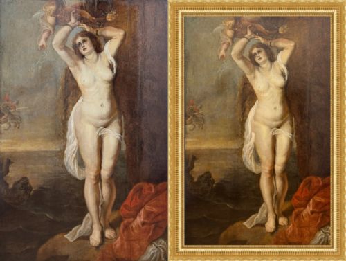 fig 2. A framed Baroque-style oil painting depicting Andromeda bound to a rock face with a winged figure above and Perseus on horseback in the background.