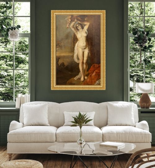fig 3. A framed Baroque-style oil painting depicting Andromeda bound to a rock face with a winged figure above and Perseus on horseback in the background.