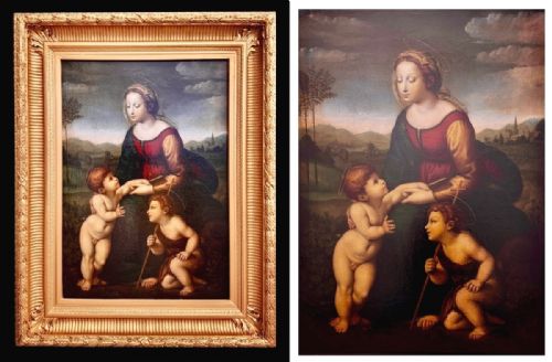fig 2. An 18th-century oil painting depicting the Virgin Mary with the Christ Child and infant Saint John the Baptist in a landscape, presented in a carved giltwood frame.