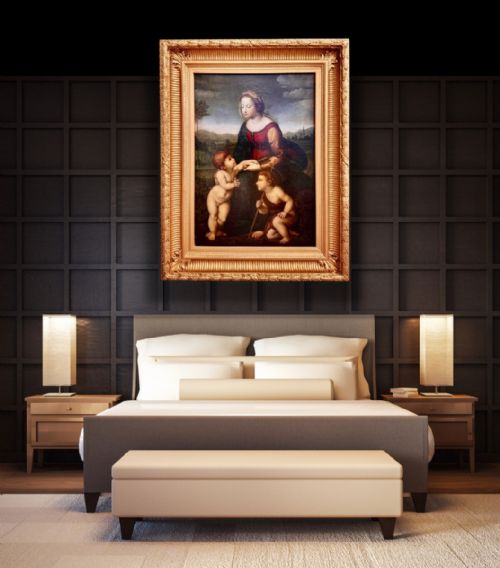 fig 3. An 18th-century oil painting depicting the Virgin Mary with the Christ Child and infant Saint John the Baptist in a landscape, presented in a carved giltwood frame.