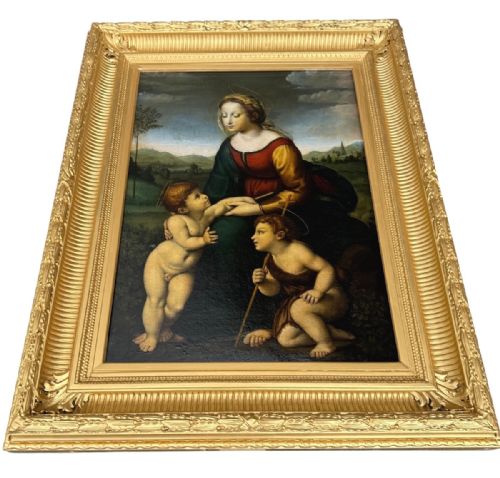fig 4. An 18th-century oil painting depicting the Virgin Mary with the Christ Child and infant Saint John the Baptist in a landscape, presented in a carved giltwood frame.