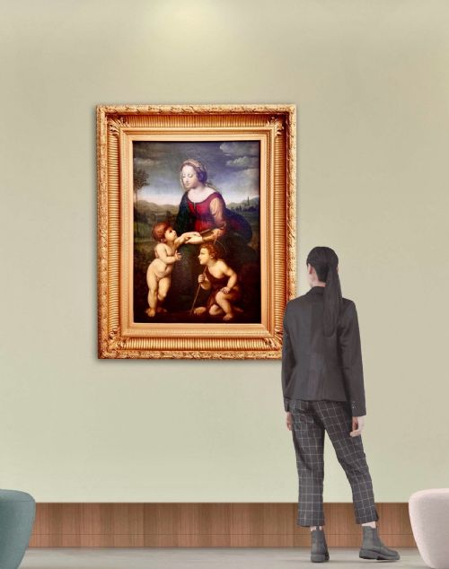 fig 5. An 18th-century oil painting depicting the Virgin Mary with the Christ Child and infant Saint John the Baptist in a landscape, presented in a carved giltwood frame.