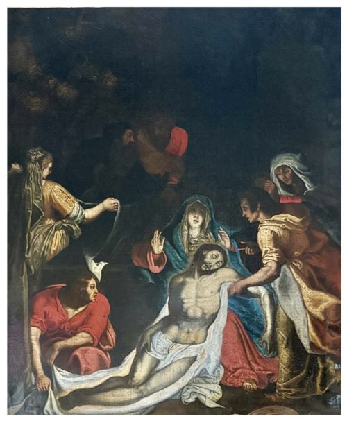 fig 1. An early 17th-century oil painting depicting the Lamentation of Christ with surrounding figures in draped garments, set within an ornate carved gilt frame.