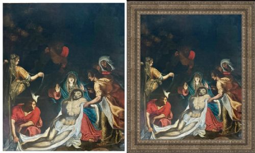 fig 2. An early 17th-century oil painting depicting the Lamentation of Christ with surrounding figures in draped garments, set within an ornate carved gilt frame.