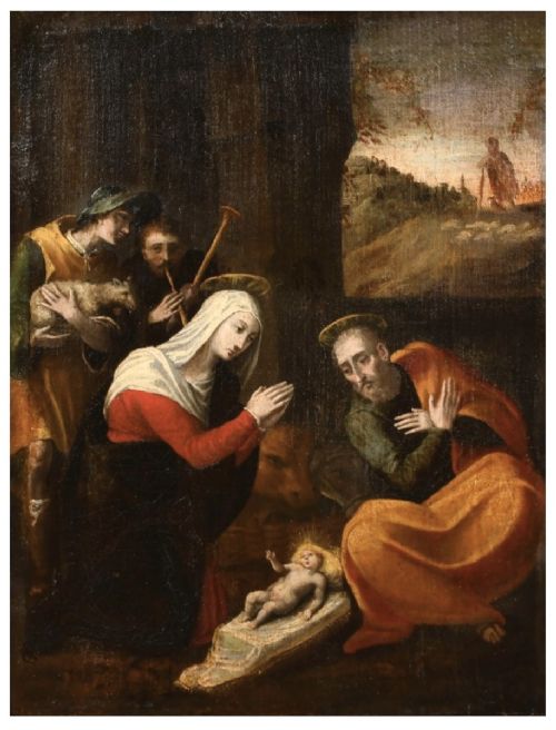 fig 1. An antique oil painting depicting the Adoration of the Shepherds with Mary, Joseph, and the infant Jesus in an inlaid wood frame.