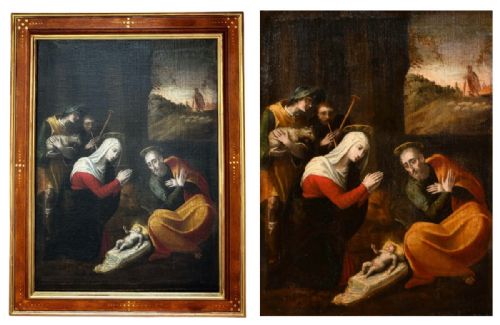 fig 2. An antique oil painting depicting the Adoration of the Shepherds with Mary, Joseph, and the infant Jesus in an inlaid wood frame.