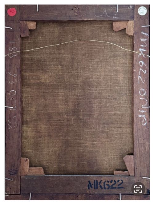 fig 5. An antique oil painting depicting the Adoration of the Shepherds with Mary, Joseph, and the infant Jesus in an inlaid wood frame.