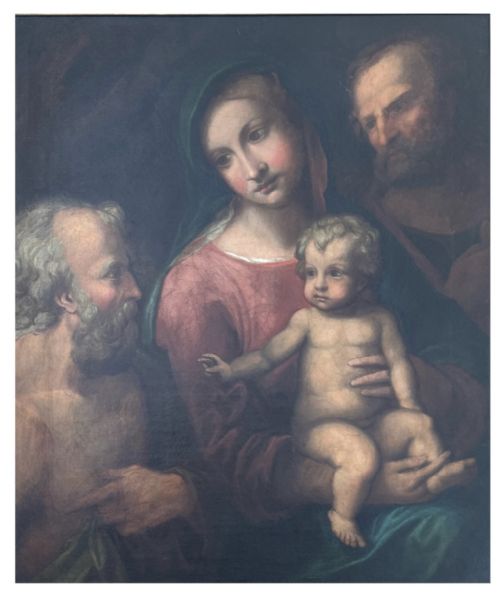 fig 1. An antique oil painting depicting the Holy Family with Saint Jerome set within an ornate carved gilded frame.