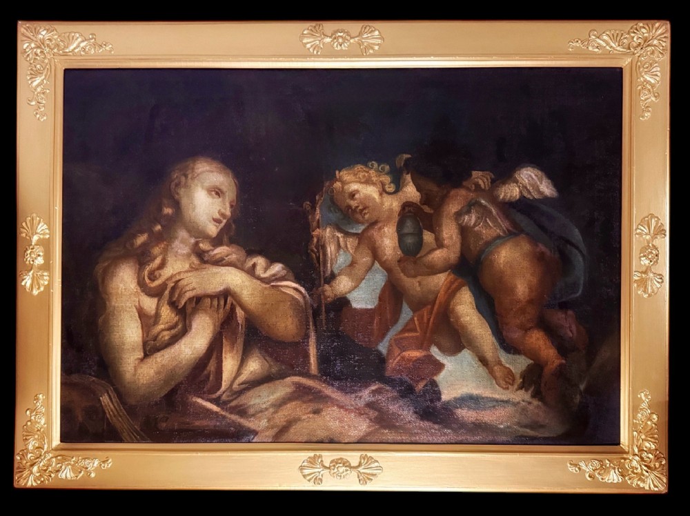 Genoese School (XVII) Painting of the Penitent Mary Magdelene Comforted by Angels, Attributed to Gian Lorenzo Bertolotto (1640 - 1721)