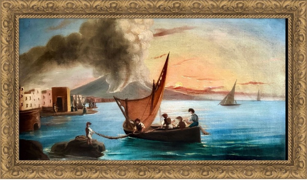 Painting of Fisherman in the Bay of Naples and Vesuvius, School of Posillipo (Late XIX), follower of Consalvo Carelli