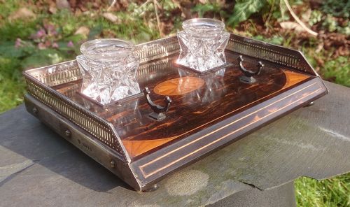 COROMANDEL AND SATINWOOD PEN AND INK TRAY WITH SILVER MOUNTS AND FEET BY RUPERT FAVELL DATED 1886 - ADDITIONAL PHOTO 1