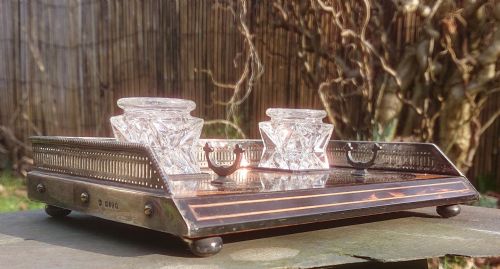 COROMANDEL AND SATINWOOD PEN AND INK TRAY WITH SILVER MOUNTS AND FEET BY RUPERT FAVELL DATED 1886 - ADDITIONAL PHOTO 2