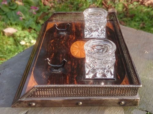 COROMANDEL AND SATINWOOD PEN AND INK TRAY WITH SILVER MOUNTS AND FEET BY RUPERT FAVELL DATED 1886 - ADDITIONAL PHOTO 4
