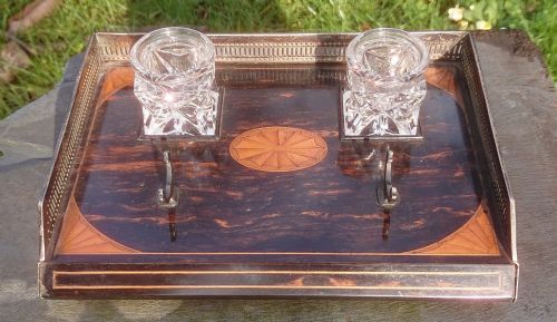 COROMANDEL AND SATINWOOD PEN AND INK TRAY WITH SILVER MOUNTS AND FEET BY RUPERT FAVELL DATED 1886 - ADDITIONAL PHOTO 5