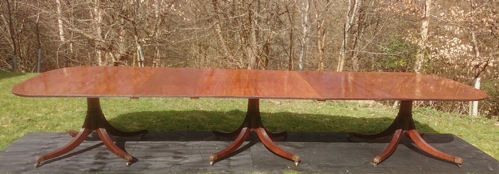 A large mahogany triple pedestal dining table with reeded legs, brass castors, and a polished extending tabletop. View V