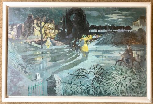 cycles at night camden oil on board - CATEGORY: ANTIQUE ART - DATED 1950