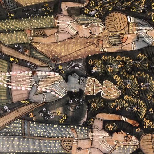 INDIAN PAINTED WALL CLOTH OF KRISHNA WITH HIS WIVES - ADDITIONAL PHOTO 1