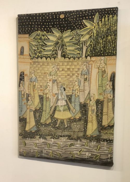 INDIAN PAINTED WALL CLOTH OF KRISHNA WITH HIS WIVES - ADDITIONAL PHOTO 6