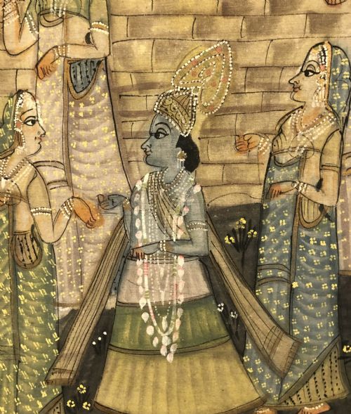 INDIAN PAINTED WALL CLOTH KRISHNA WITH HIS WIVES - ADDITIONAL PHOTO 1