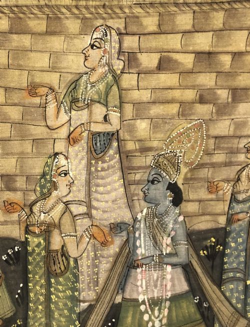 INDIAN PAINTED WALL CLOTH KRISHNA WITH HIS WIVES - ADDITIONAL PHOTO 3