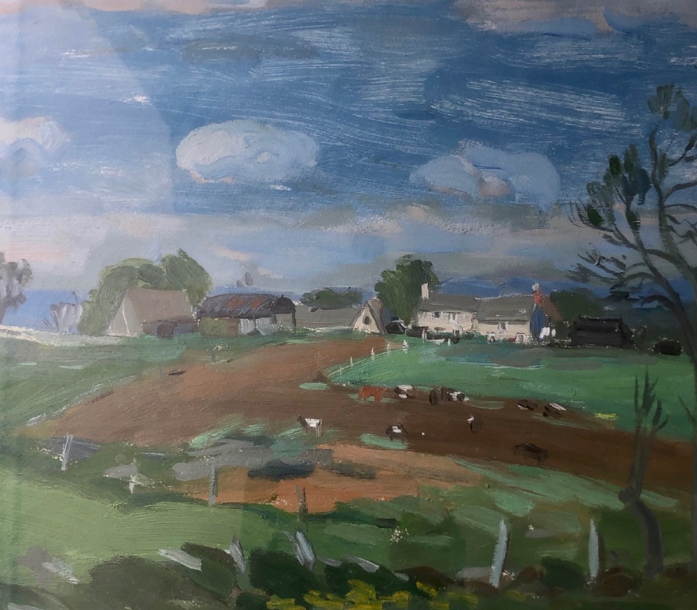 A framed mid-century landscape painting depicting green rural fields and farm buildings beneath a blue, cloudy sky. View IV