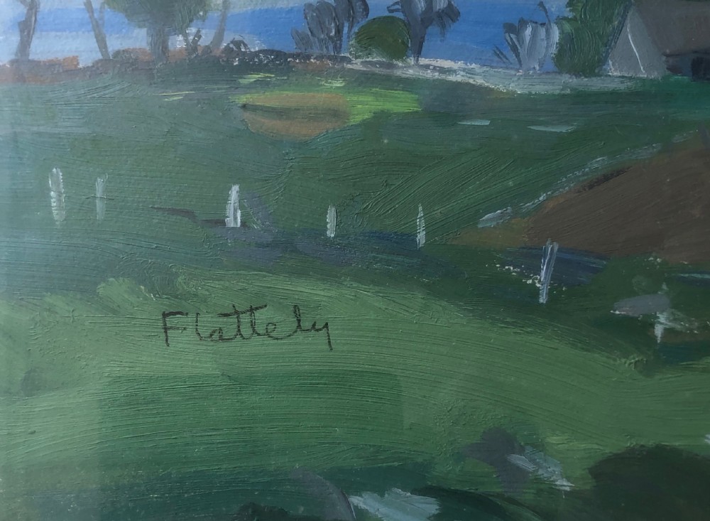 A framed mid-century landscape painting depicting green rural fields and farm buildings beneath a blue, cloudy sky. View V