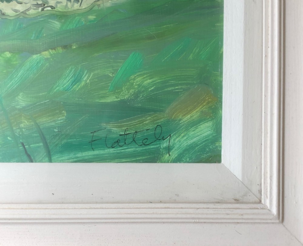A framed horizontal landscape painting depicting green fields leading towards a blue ocean under a pale sky. View IV