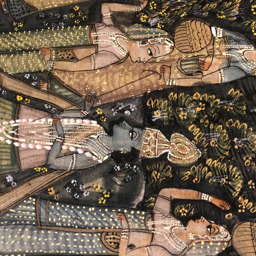 A hand-painted Indian Pichhwai cloth panel depicting Lord Krishna surrounded by female figures holding water pots amidst stylised foliage, trees, and a lotus pond. View II