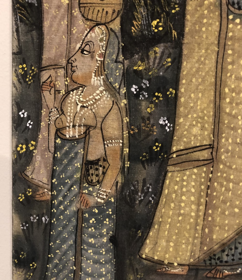 A hand-painted Indian Pichhwai cloth panel depicting Lord Krishna surrounded by female figures holding water pots amidst stylised foliage, trees, and a lotus pond. View IV