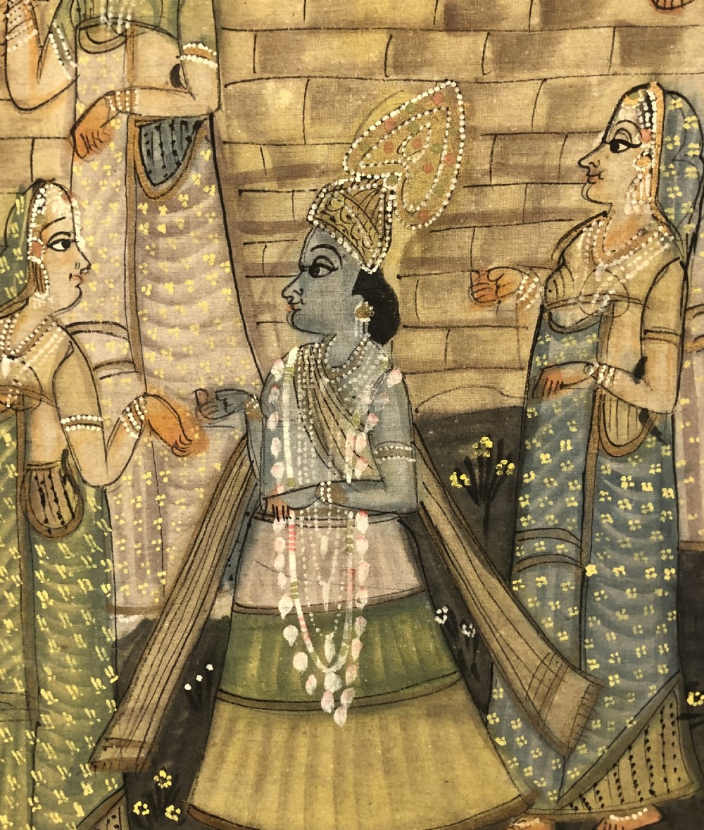 A vertical Indian cloth painting depicting Lord Krishna surrounded by women in traditional attire within a moonlit garden above a lotus pond. View II