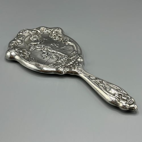 ART NOUVEAU STERLING SILVER HAND MIRROR REPOUSSE CHERUB HALLMARKED BIRMINGHAM 1909 - ADDITIONAL PHOTO 1