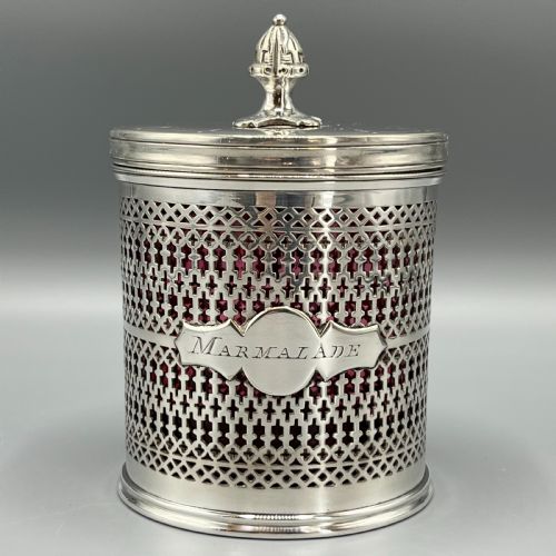 edwardian quality silver plated marmalade preserve pot with cranberry glass liner - CATEGORY: ANTIQUE SILVER - DATED EDWARDIAN