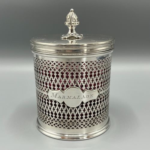 EDWARDIAN QUALITY SILVER PLATED MARMALADE PRESERVE POT WITH CRANBERRY GLASS LINER - ADDITIONAL PHOTO 1