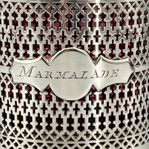 EDWARDIAN QUALITY SILVER PLATED MARMALADE PRESERVE POT WITH CRANBERRY GLASS LINER - ADDITIONAL PHOTO 4