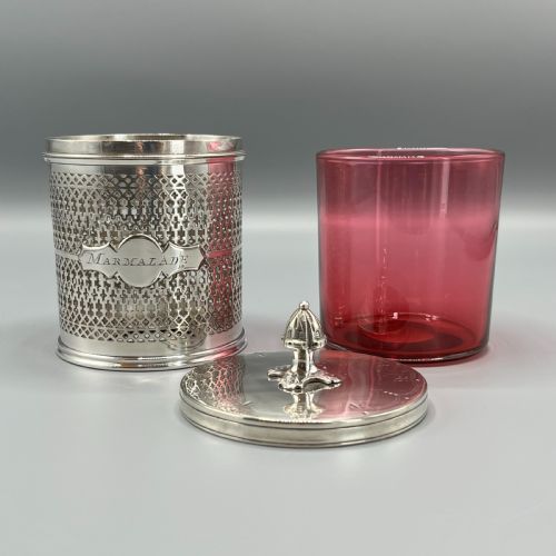 EDWARDIAN QUALITY SILVER PLATED MARMALADE PRESERVE POT WITH CRANBERRY GLASS LINER - ADDITIONAL PHOTO 8