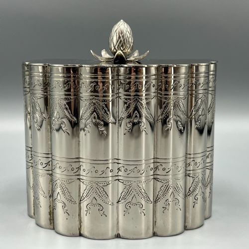victorian silver plated tea caddy with scalloped body - CATEGORY: ANTIQUE SILVER - DATED VICTORIAN
