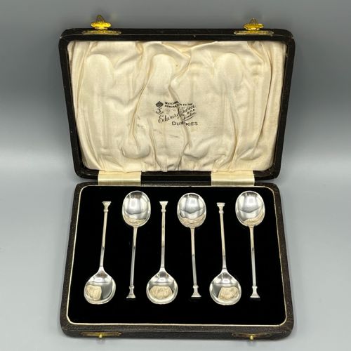 CASED SET OF 6 SOLID SILVER COFFEE SPOONS ART DECO HALLMARKED BIRMINGHAM 1932 - ADDITIONAL PHOTO 2