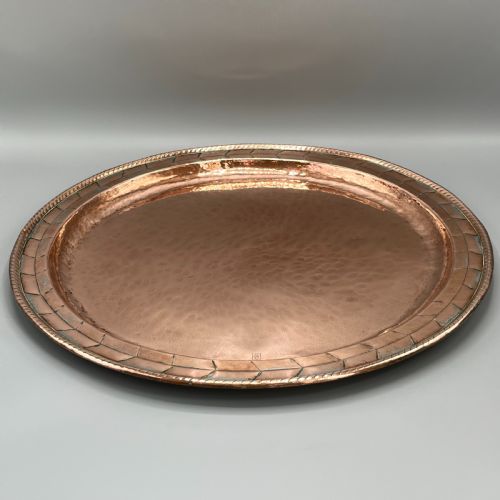 LARGE ROUND ARTS CRAFTS COPPER TRAY CHARGER BY HUGH WALLIS - ADDITIONAL PHOTO 9
