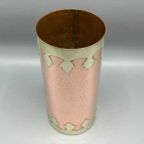 LARGE ARTS CRAFTS COPPER BRASS CYLINDRICAL PLANISHED VASE - ADDITIONAL PHOTO 1
