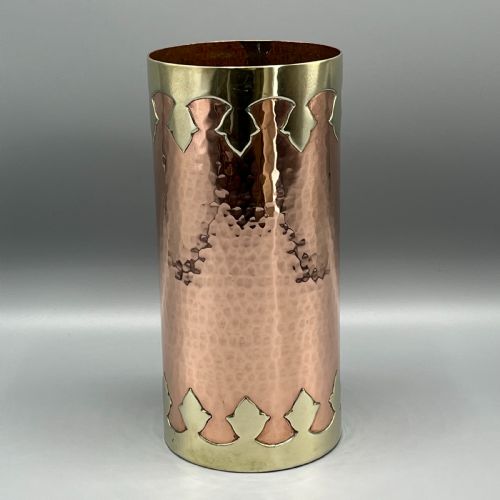 LARGE ARTS CRAFTS COPPER BRASS CYLINDRICAL PLANISHED VASE - ADDITIONAL PHOTO 2