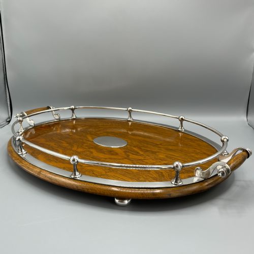 LARGE EDWARDIAN ENGLISH OAK SILVER PLATED OVAL GALLERY TRAY - ADDITIONAL PHOTO 1